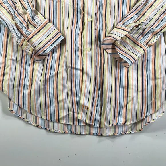 Thomas Dean Shirt Mens M Yellow Blue Orange Striped Long Sleeve Button Down - Picture 4 of 10